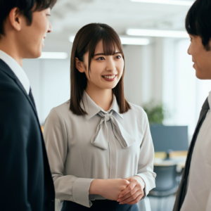 社員と会話する女性の画像